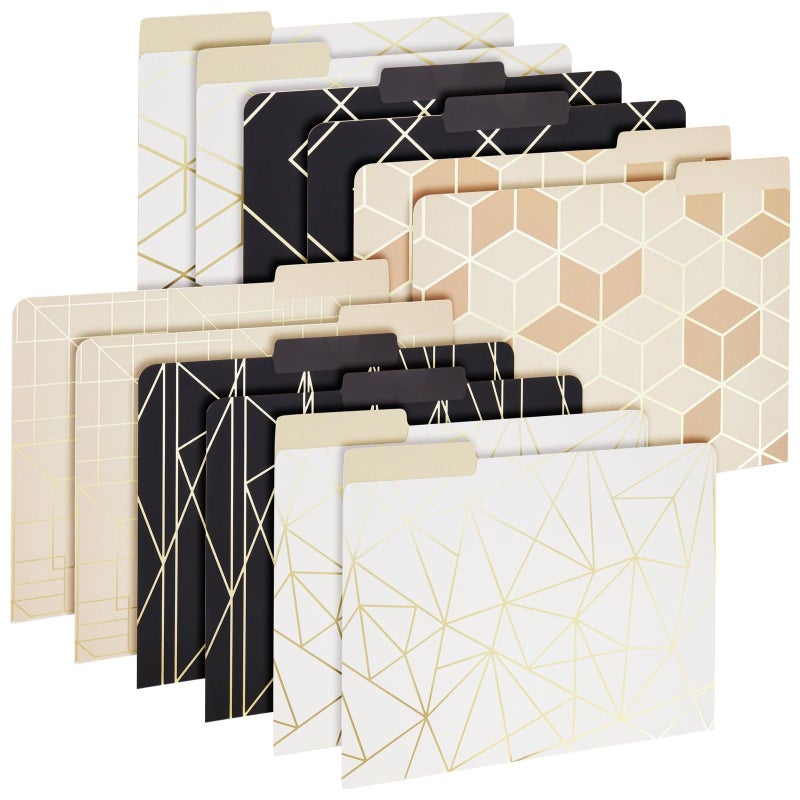 Paper Junkie 12-Pack Cute Geometric Gold Foil Decorative & Colored File Folders, Letter Size (9.5x11.5 in) - 1/3-Cut Tab File Folders for Office Supplies - Aesthetic Office Supplies - Image 1